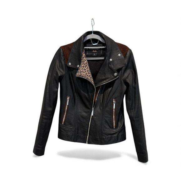 Bernardo Leather Moto Jacket - Mixed Media Black and Leopard Print, Size XS - Picture 2 of 12